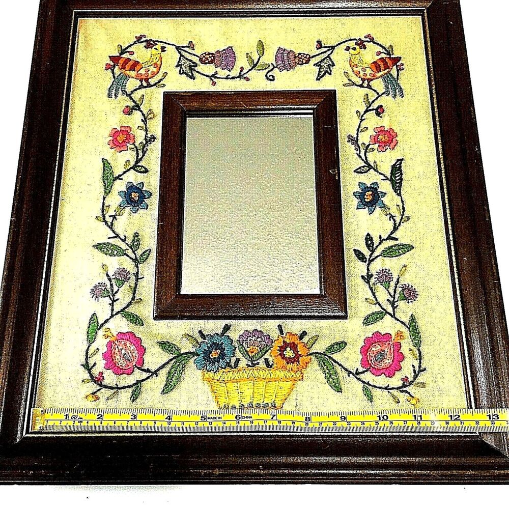 Antique Framed Mirror Crewel Embroidery Jacobean Sampler Linen Wool Floral Bird